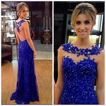 Abendkleid Lange Kleider für Hochzeiten Scoop Applizierte Perlen Transparent Perlen Abschlussball-partei-kleid Vestido de festa azul longo