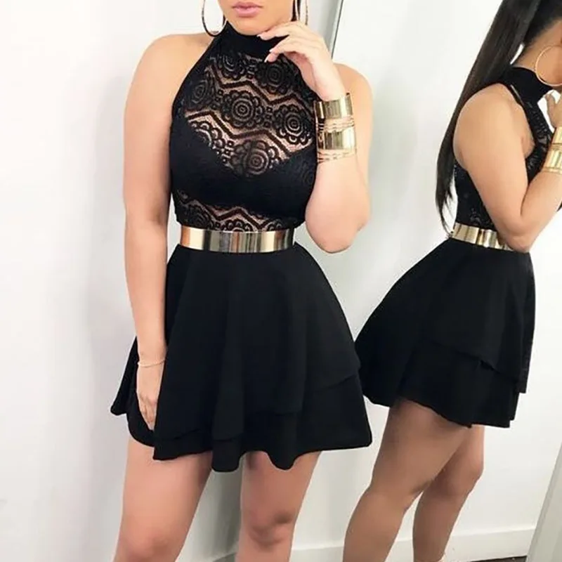 

Women's Summer Dress Sexy Sleeveless Halter Bodycon Evening Party Club Short Mini Lace Dress