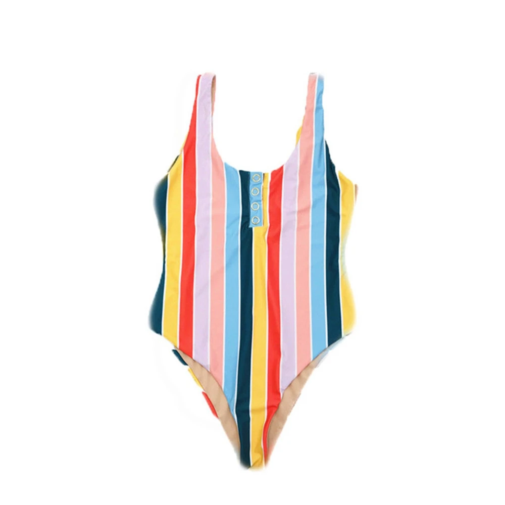 Sexy one piece swimwear women rainbow Scoop Neck Sleeveless Colorful Striped Backless Snap Button Padded Women Swimsuit W9655