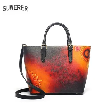 

SUWERER 2020 New Women Genuine Leather bags quality luxury handbags designer Cowhide Embossed bag tote women shoulder bag