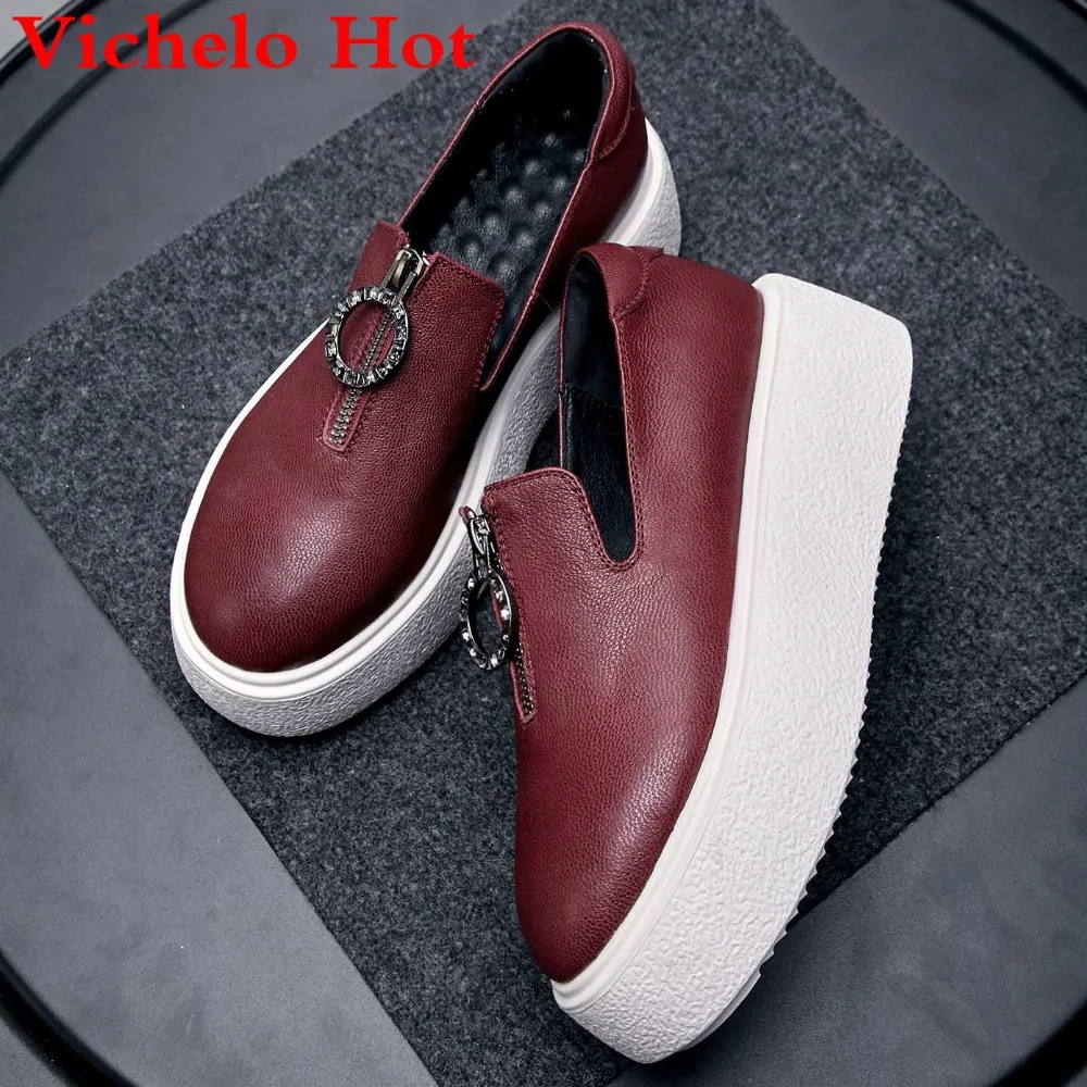 Mocassins Chaude Haute Vulcanisées Rouge Avion Vache Rond vin Métal Fond Conception Bout Zipper Cuir De Plate Européenne forme Noir En Vichelo Réel L0f8 Chaussures shQdrCtoBx