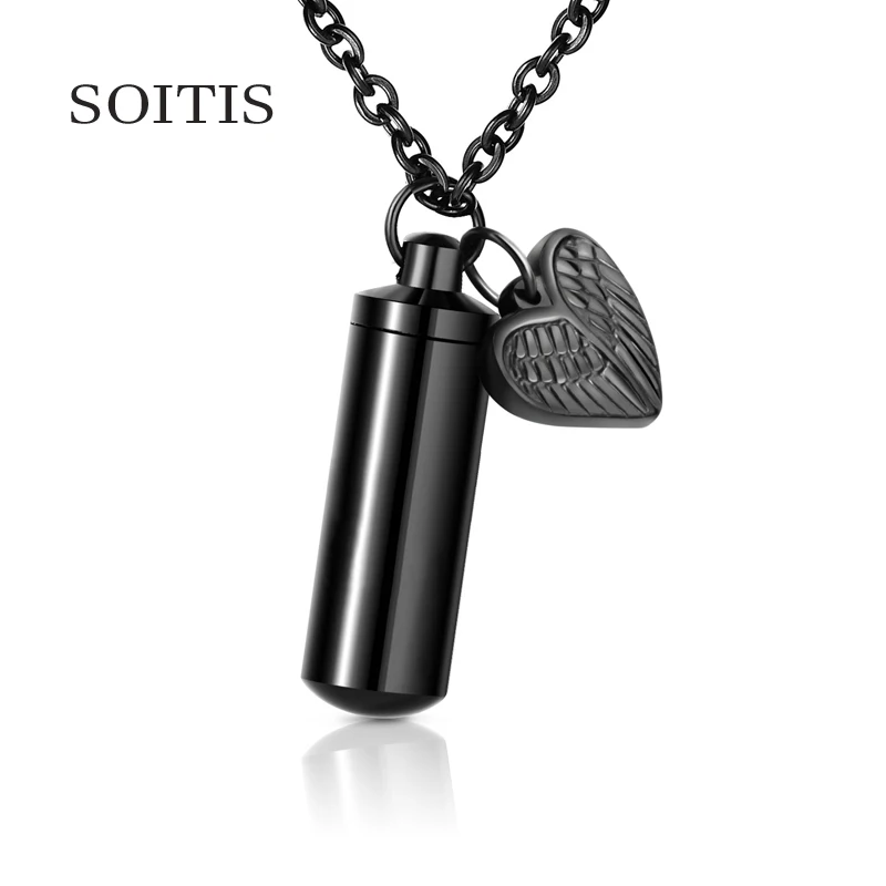 

SOITIS Men Women Keychain Necklace Heart Ashes Jewelry 316L Stainless Steel Two Style Cremation Urn Pendants Black Sliver Color