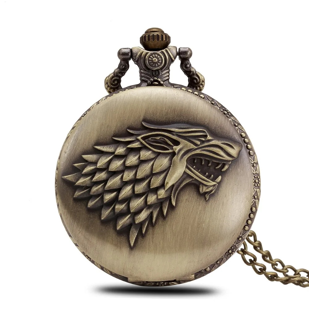 

Hot Retro Nice Classical Bronze Vintage Chain Necklace Watch Animal Game of Thrones Stark Winterfell Wolf Locket Pocket Watches