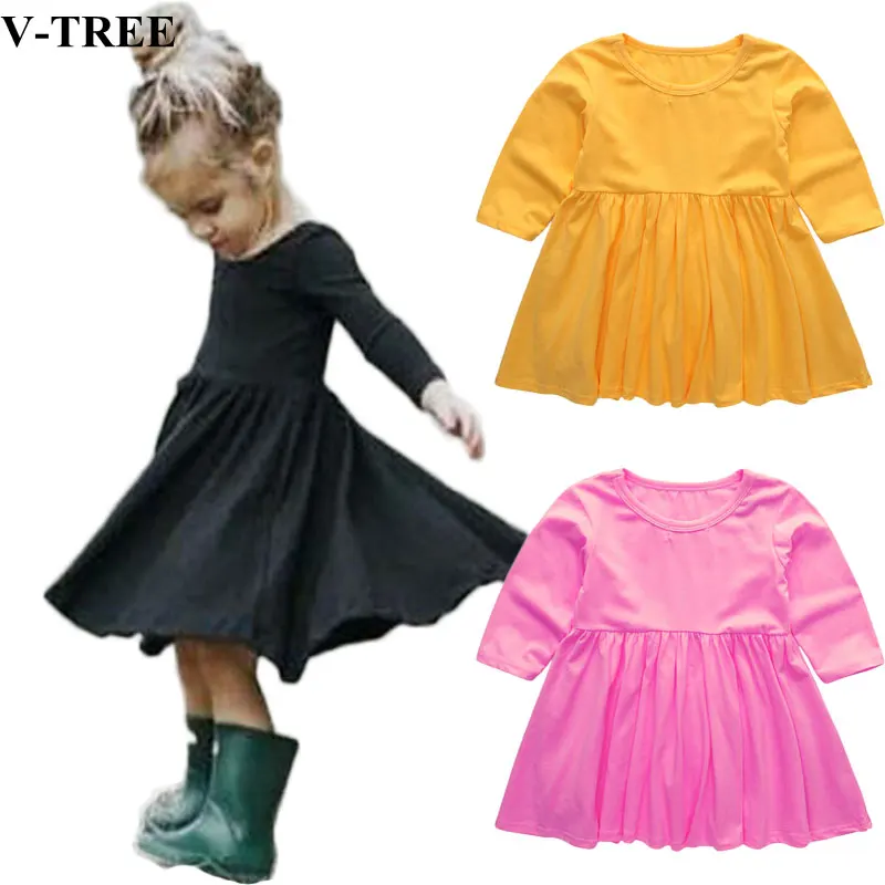 

V-TREE Girls Dress Long Sleeve Kids Tops For Girls Cotton Baby Dresses Solid Color Children Princess Dress