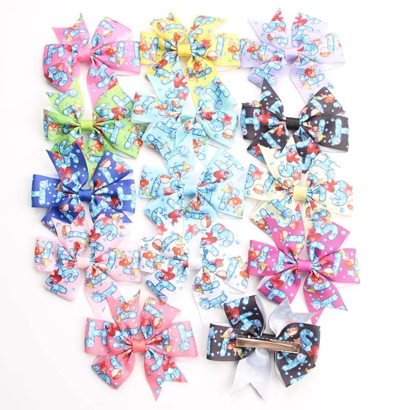 

26pcs/lot Shell Mermaid Unicorn Rainbow Print Ribbon Hair Clips Boutique Bows For Kids Headwear DIY Hair Accessories