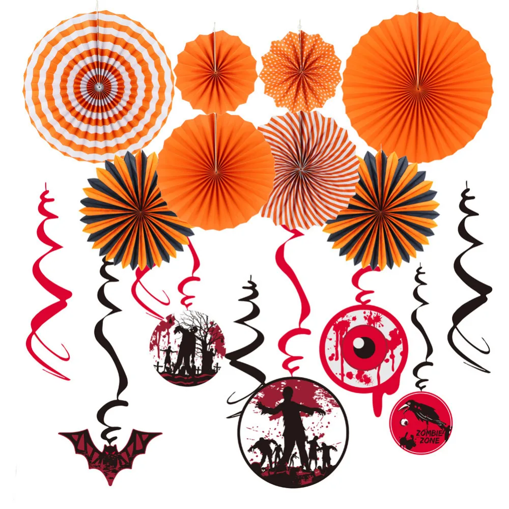 

17psc/set Halloween Decoration Kit Orange Assorted Paper Pinwheels Backdrop Spooky Ceiling Hanging Foil Swirls Halloween Party