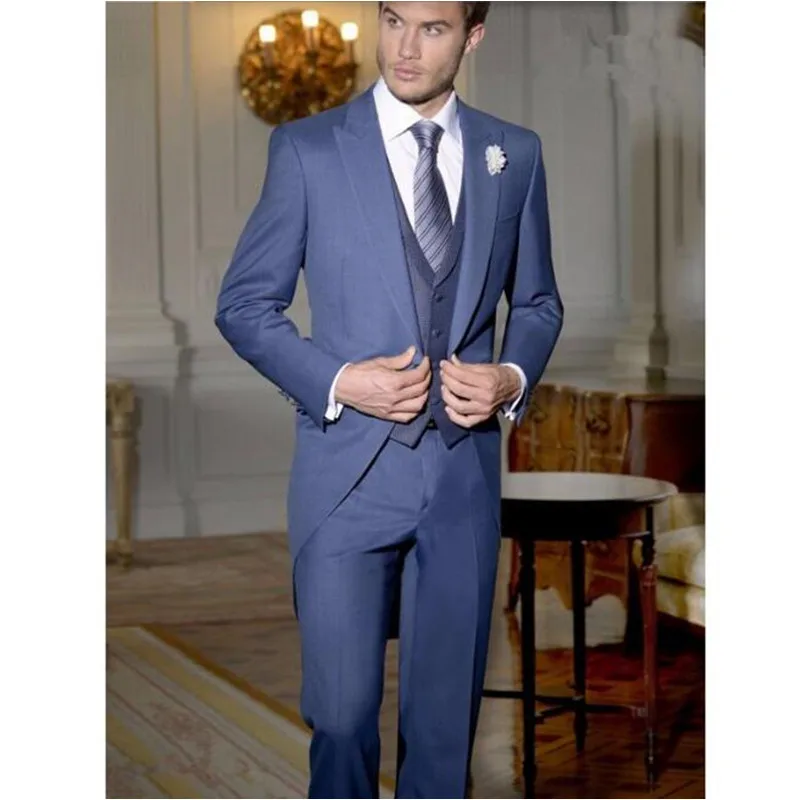 45 Tailor Made Navy Blue Gentleman Suit Tailcoat newest Style Groom suits Tuxedos Long Wedding Prom Party Suits(jacket+vest+pants)