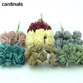 

6pcs/lot Burlap Hessian Mini Artificial Silk Rose Flowers Bouquet Scrapbooking Wedding Party Decoration DIY Handmade Wreaths