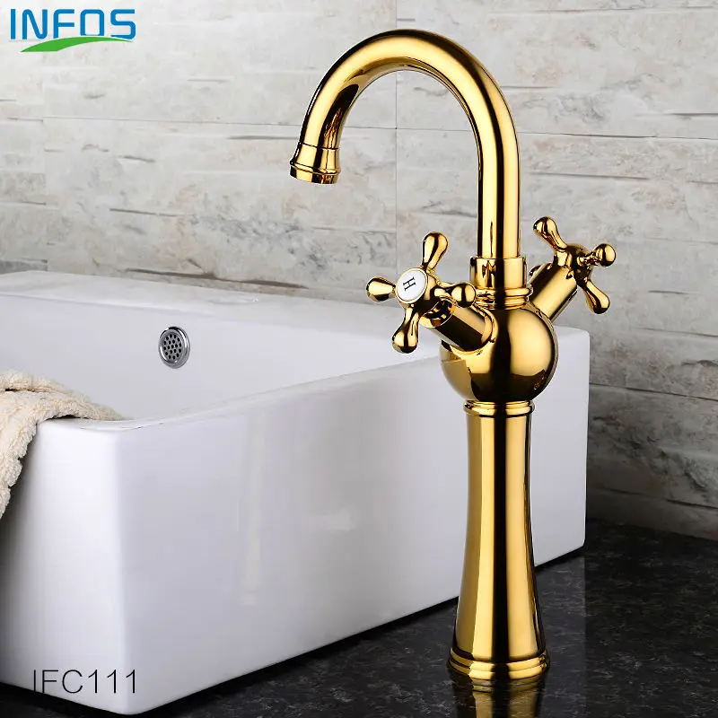 INFOS Antique Wash Basin Brass Bathroom Tall Faucet Dual Handles Deck Mounted Torneira Banheiro Sink Mixer Tap IFC111