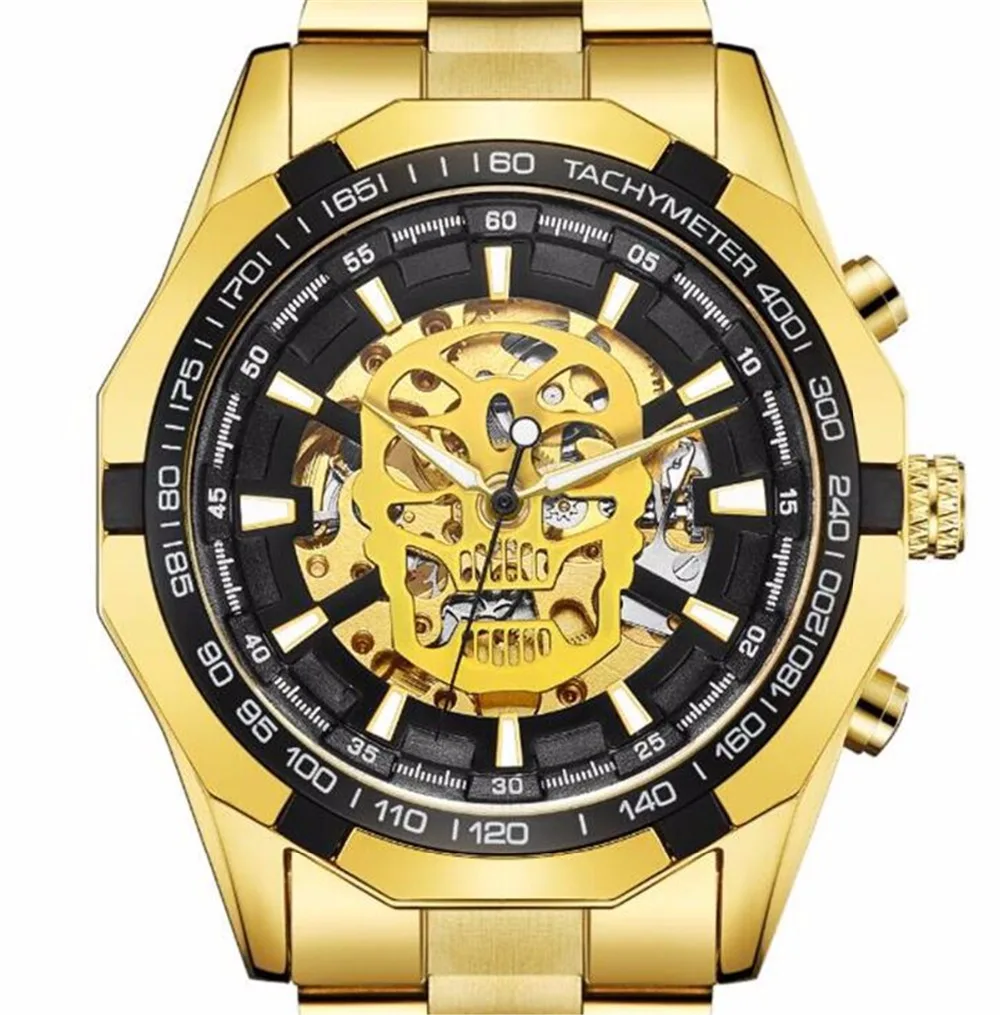 

Luxury Brand Antique Skeleton Skull Mechanical Watches Men Stainless Steel Golden Band Wristwatch Relogio Masculino