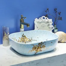 Europa Vintage estilo encimera lavabo de cerámica hecha a mano baño buque vanidades lavado de cerámica lavabo rectangular