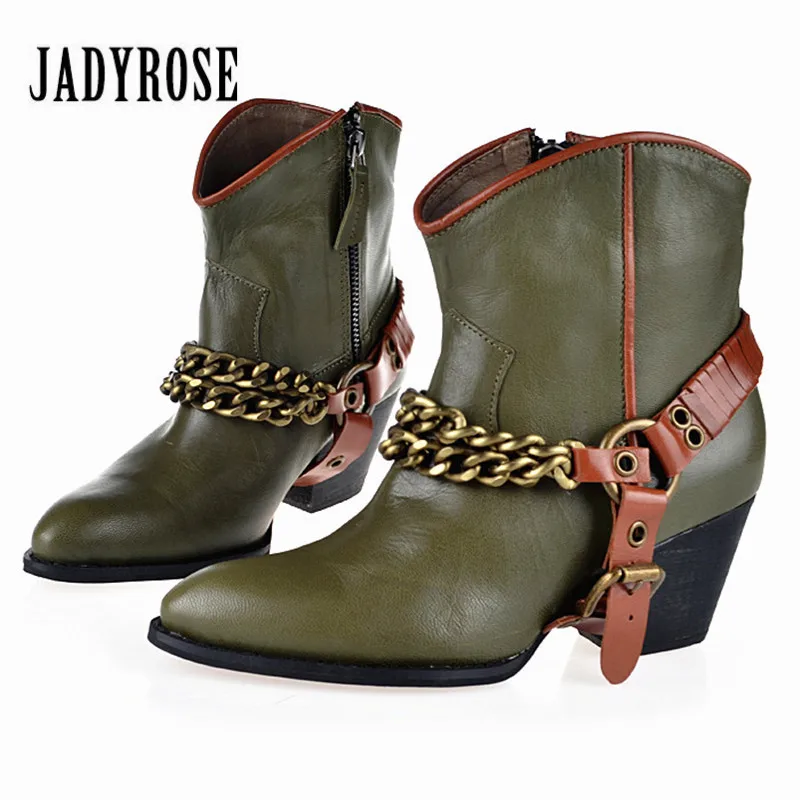 

Jady Rose Green Women Ankle Boots High Heel Martin Boot Pointed Toe Chains Decor Genuine Leaather Bota Feminina Women Pumps