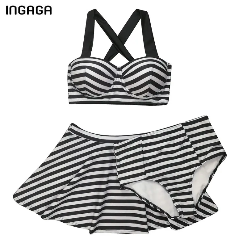 

INGAGA 2019 Skirted Swimdress Two-piece Swimwear Women Sexy Push Up Swimsuit Female Halter Bathing Suits Striped Beachwear