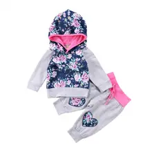 Новые Топы с капюшоном и цветочным рисунком для новорожденных и маленьких девочек; стильные штаны с рисунком сердца; комплект одежды из 2 предметов; милый комплект для малышей с цветочным рисунком