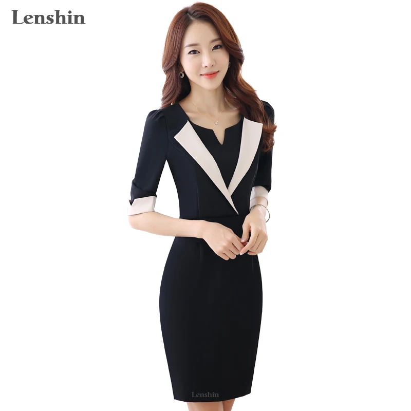 Lenshin, офисное платье, карьера, женское платье-карандаш, черное, половина рукава, деловое платье, летняя одежда, тонкий стиль