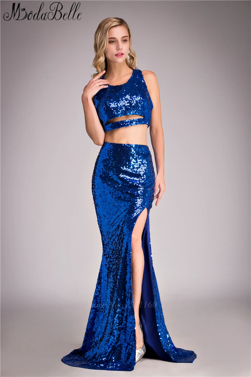Sparkly two piece royal blue prom dresses 2016 sleeveless mermaid