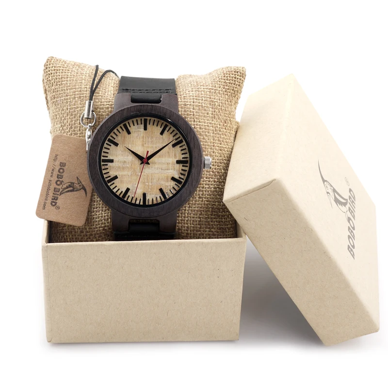 BOBO BIRD V-C23 Mens Quartz Wristwatches Handmade Wooden Watch Red Color Second Black Leather Strap In Gift Box Relojes Hombre