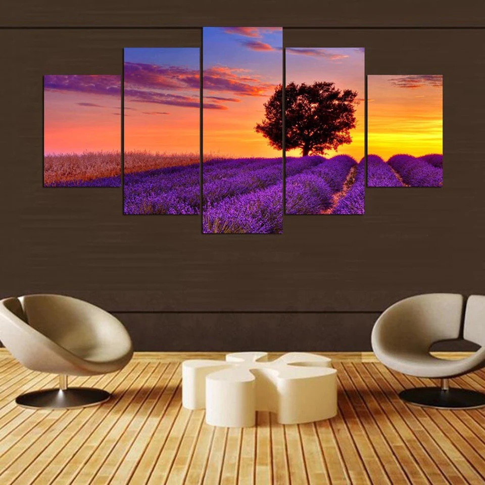

Modern HD Printed Wall Art Frame Canvas Pictures 5 Pieces Romantic Lavender Field Sunset Landscape Paintings Posters Home Decor