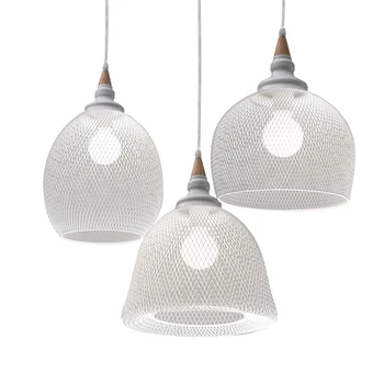 

Modern creative white wrought metal mesh pendant light fixture industrial personality restaurant wood E27 bulb pendant lamp