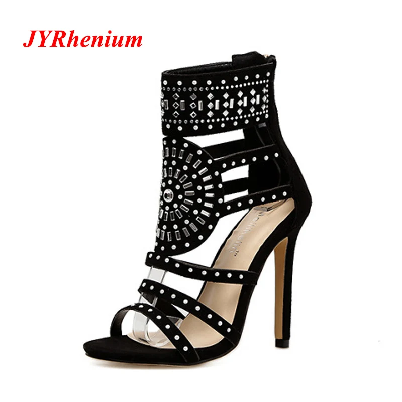 

2018 New Spring Women Pumps Fashion Gladiator Thin Heels Flock High Heels Peep Toe Crystal Rhinestones Women Pumps Plus Size