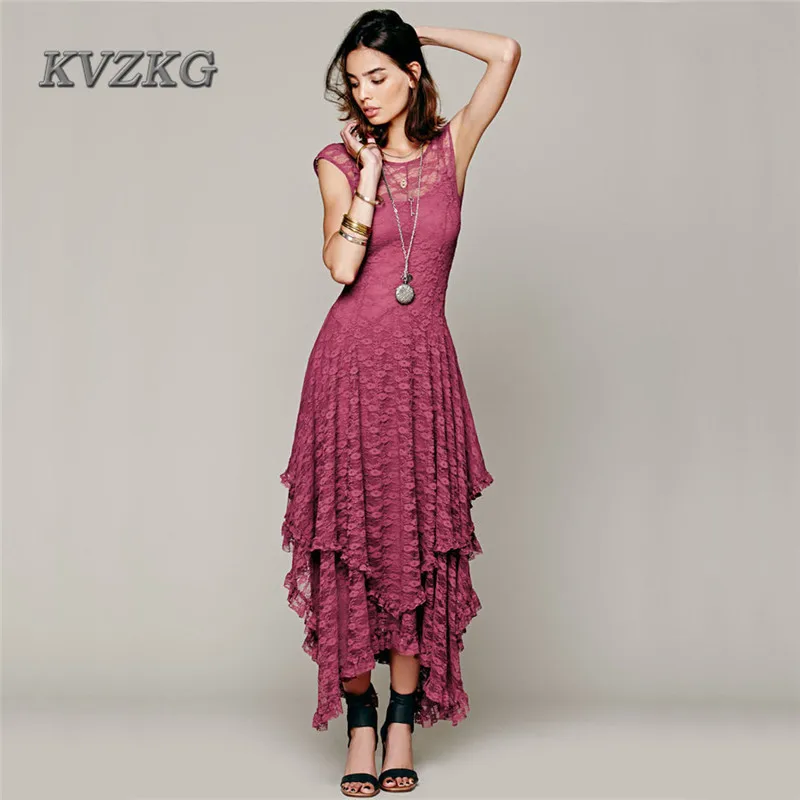 Kvzkg 2017 хиппи Стиль лето нерегулярные кружева Vestidos De Festa платье Longo Платье Mujer с