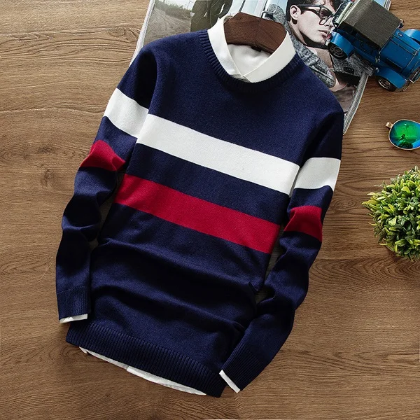Осенний модный мужской пуловер, свитер с длинным рукавом, облегающий полосатый вязаный кашемировый Рождественский свитер для мужчин MY929 - Цвет: Navy Blue