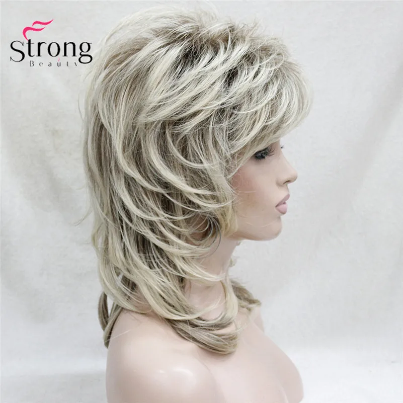 New Blonde With Dark Root Medium Length Cascaded Layers Synthetic Hair Women's Full Wig(7)