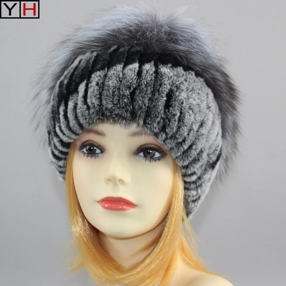Горячая Распродажа, зимняя женская шапка бини, Женский Настоящий мех кролика, вязаные шапки, утолщенная меховая шапка, Женская Роскошная шапка из меха лисы, шапочки