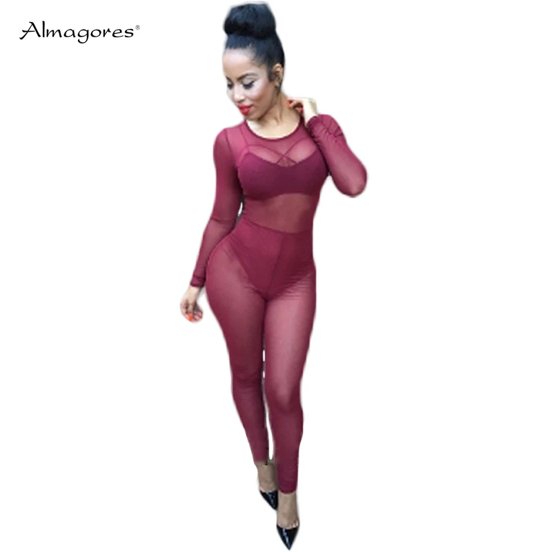 Fashion Design Women Rompers Sexy Mesh Perspective Bodysuit See Through