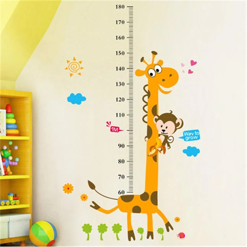 Мультяшные Животные Жираф Обезьяна Дети измерение роста диаграмма настенные стикеры милые детские комнаты стены Искусство DIY Декор