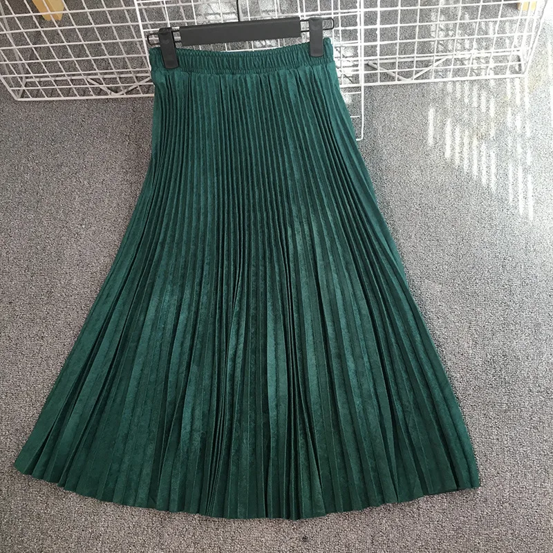 Популярная брендовая Высококачественная Женская замшевая юбка, осенняя длинная Плиссированная юбка с высокой талией, Женская винтажная юбка средней длины s Saias Faldas - Цвет: Зеленый