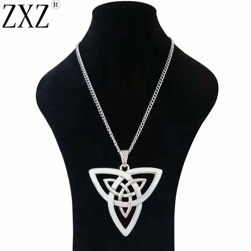 

Large Silver Statement Abstract Metal Celtics Knot Trinity Triquetra Pendant on Long Curb Chain Necklace Lagenlook 34