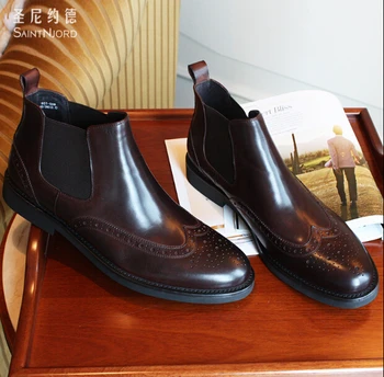 

2016 British style genuine leather ankle boots Brown/black Bullock carved Chelsea boots slip on ankle booties large size EU44