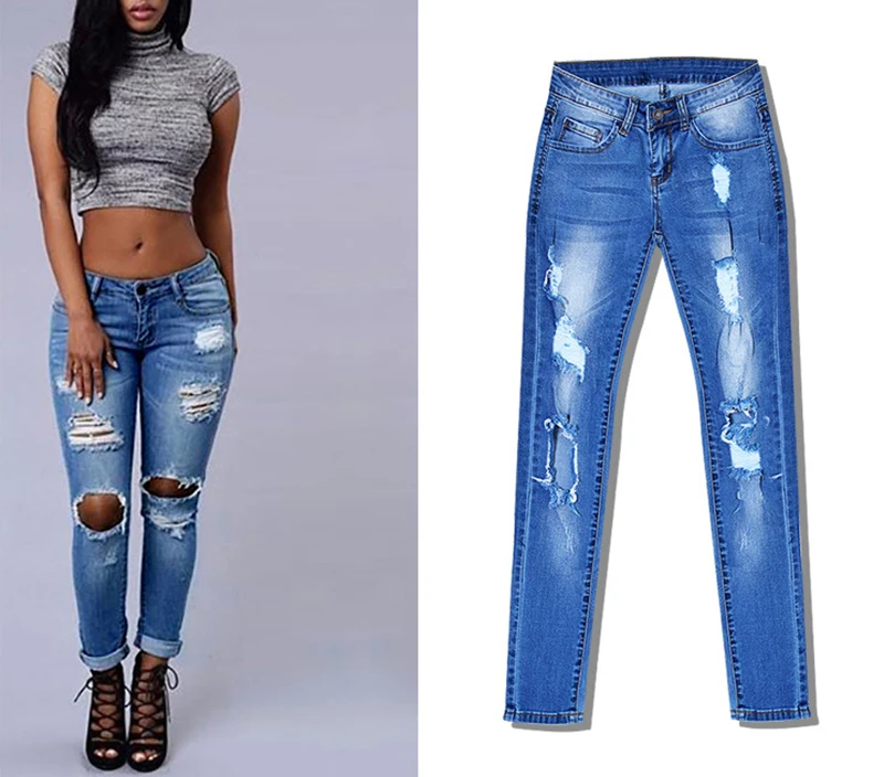 2017 New Hot Selling Women Low-waist Slim Elastic Jeans Pants Fit Close Pencil Pants Irregular Broken Hole Washed with Plus Size (5)