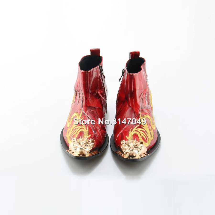 Модная зимняя обувь из натуральной кожи; роскошные мужские ботинки ручной работы с вышитым драконом; ботильоны на квадратном каблуке с острым носком и боковой молнией