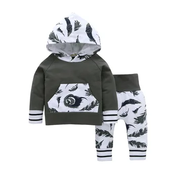 

leisure Baby boy Girls Clothes High quality Long Sleeve hooded Top+Feather print Pant 2pcs Autumn Winter Suit Kids Clothing Set