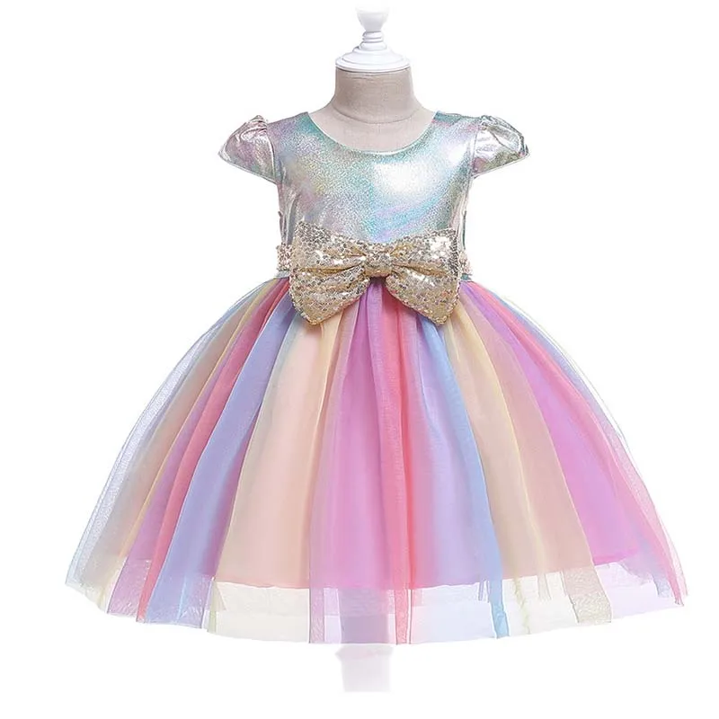 

Girls Dress Christmas Sequins Bow Dress Girl Princess pageant Birthday Dress Child Summer Flower Baby Girl rainbow Dress