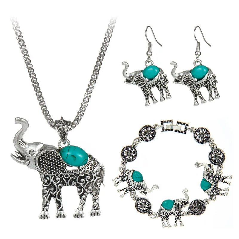 

1 Set Bohemian Style European Elephant Necklace Earrings Turkish Stone Sets of two alloy Beach Carving African jewelry sets
