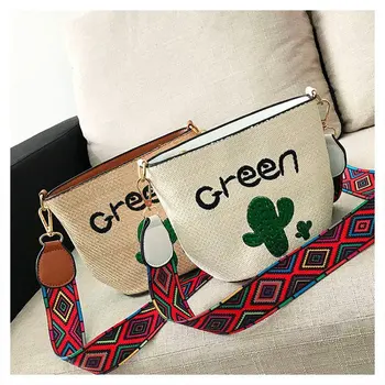 

National style fashion new trend models cactus straw bucket bag women's wide shoulder strap embroidered grass bag
