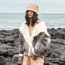 Осень зима дизайн Gloria& Grace серый классический твид пэтчворк искусственный Лисий воротник парка куртка Пальто Верхняя одежда