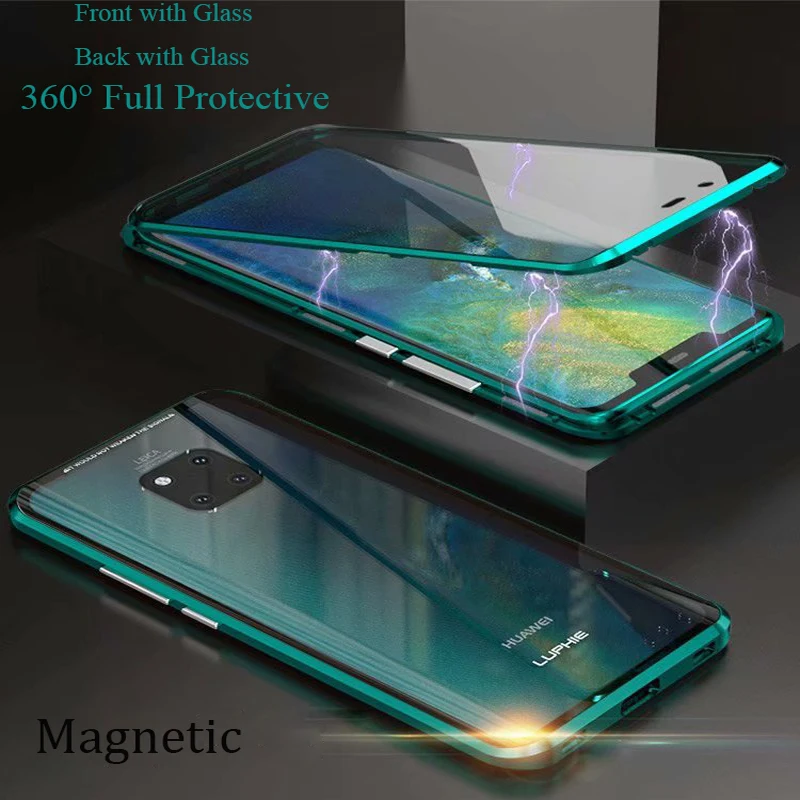Billige Für Huawei Mate 20 Pro Magnetische Fall 360 Front + Zurück doppel seitige 9H Gehärtetem Glas Fall für huawei Mate 20 Pro Metall Stoßstange Fall