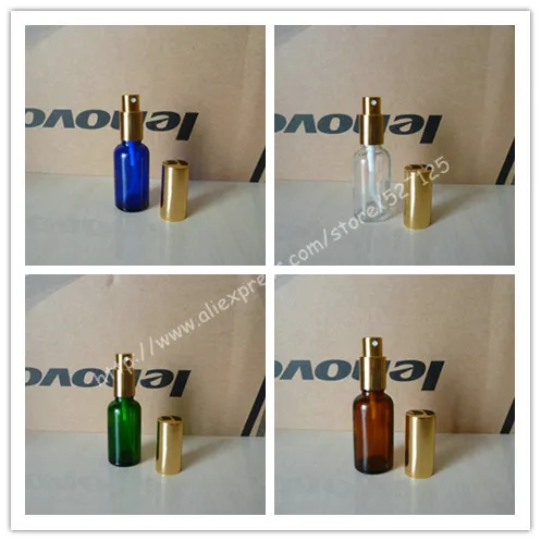 30ml shiny clear/green/brown/blue glass bottle with shiny gold sprayer