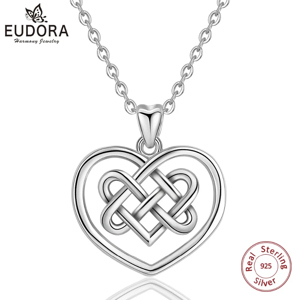 

EUDORA 925 Sterling Silver Good Luck Irish Celtics love Knot Pendant Necklace Heart Charms For Women Girl Fine Jewelry Gift D306