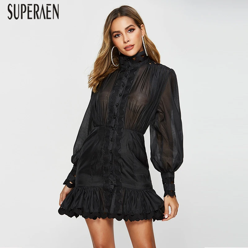 

SuperAen 2019 Summer New Ruffled Mesh Dress Women Long-sleeved Fashion Ladies Dress Europe Sexy Perspective Women Clothing