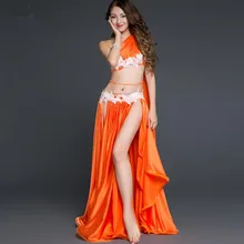 Роскошный Кристальный женский командный танцевальный костюм, комплект из 3 предметов, Восточный Костюм для танцоров, Шикарный бюстгальтер, пояс, юбка макси, красный, белый цвет