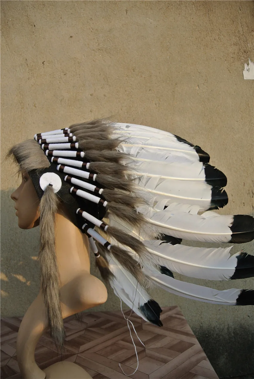 21 inch white with black tip Indian Feather headdress indian war