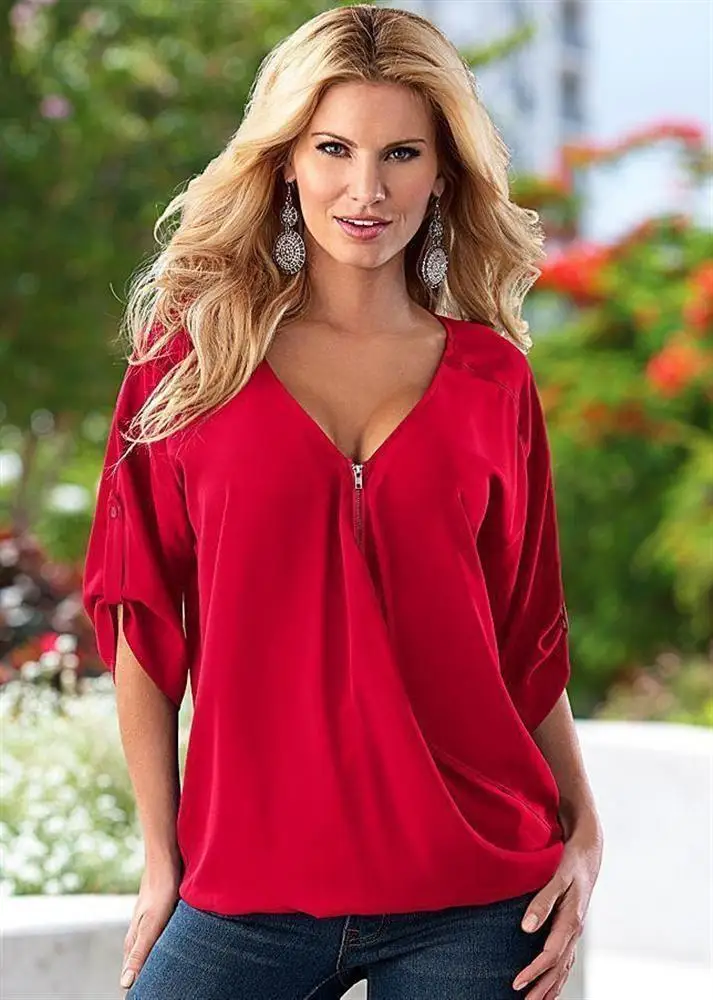Summer Women Loose V Neck Solid Chiffon Blouse Fashion