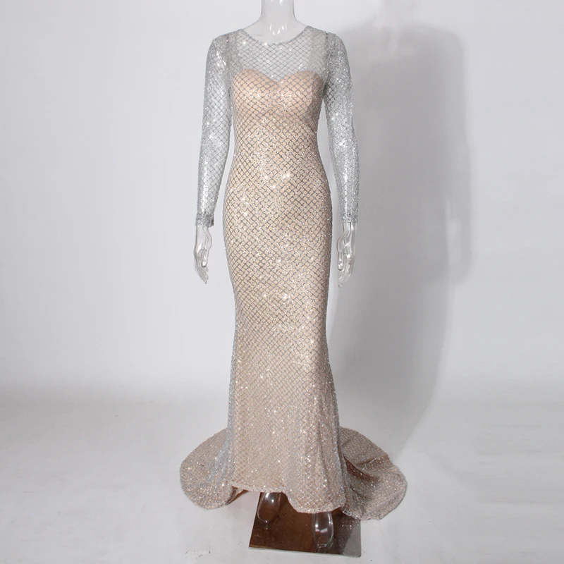 Silver Gold Plaid O Neck Party Maxi Dresses Bodycon Glitter Hollow Out Full Sleeved Floor Length Elegant Night Club Dress