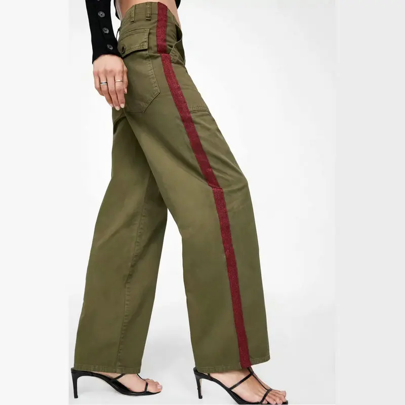 Новый Повседневное Side Striped Широкие штаны Для женщин Высокая талия с карманами свободные длинные брюки осень уличная женские брюки