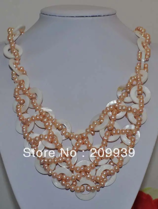 

FREE SHIPPING>>>@@ AS2868 Elegant Genuine pink freshwater pearl & 20mm Mother of Pearl Necklace